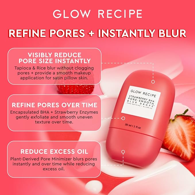 Glow Recipe Smooth Skin Sailing Skincare Set - Watermelon Glow Pink Juice Facial Moisturizer + Silicone-Free BHA Strawberry Pore Minimizer Blurring Drops (2 Count)