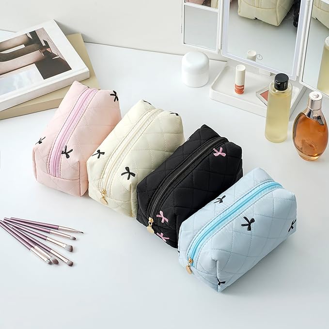 Gleyemor Small Quilted Makeup Bag for Women, Cute Floral Bow Cosmetic Bag, Emergency Bag Travel Toiletry Cotton Pouch Gifts for Girls Her Mom Friend Sister Bridesmaid (Pink&Black Bow)