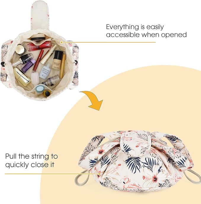 Barrel Drawstring Makeup Bag Large Floral Cosmetic Bag Make up Bags Toiletry Organizer for Women and Girls (Beige Flamingo) (Patent)