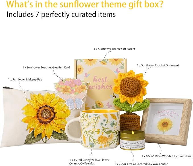 Birthday gifts for women, sunflower gift baskets, care package,sending you sunshine gift box for women with coffee mug and sunflower crochet, unique sunshine themed gift box.