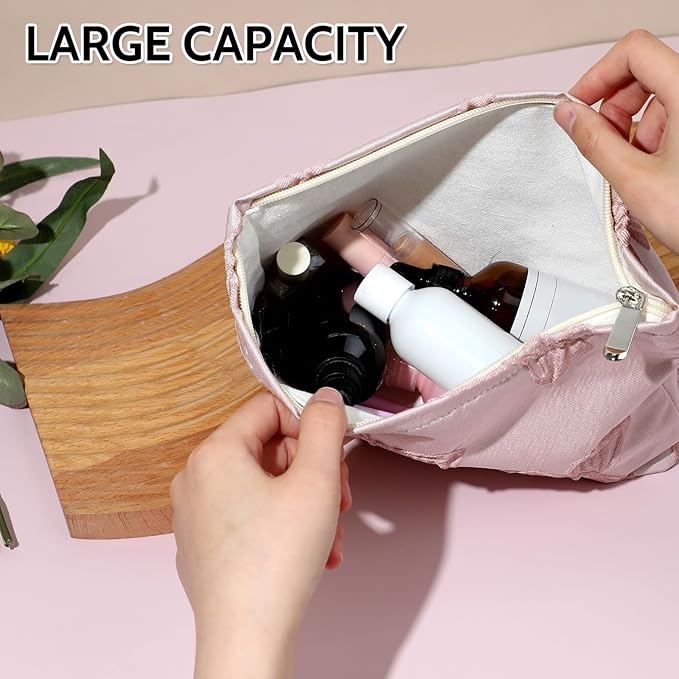 Makeup Bag Large Capacity Elegant Bow Preppy Cosmetic Bag Aesthetic Design Canvas Zipper Organizer Pouch Cute Roomy Pink Portable Toiletry Bag for Women Girls Travel Storage Accessories