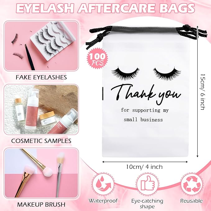 Abbylike 100 Pcs Eyelash Aftercare Lash Bags for Clients Eye Lash Print Drawstring Makeup Bag Empty Beauty Gift Cosmetic Sample Pouch for Women Small Business Supplies, 4 x 6 in(White)