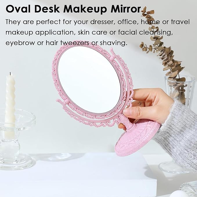 AKOAK 1 Pack Desktop Makeup Mirror, Oval Desk Makeup Mirror, Double-Sided 360-degree Rotating Makeup Mirror Bathroom Bedroom Makeup Mirror, Travel Mirror Suitable for Women (Pink)