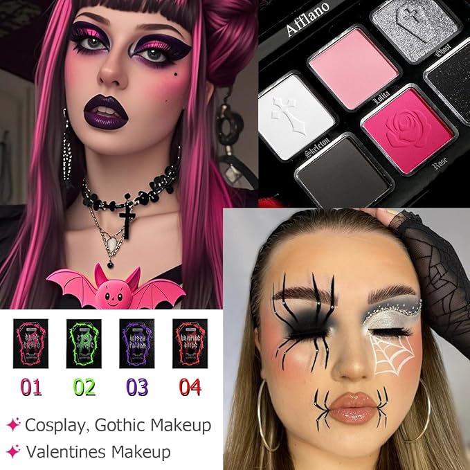 Afflano Pink Goth Eyeshadow Palette, Pink Smokey Eyes Makeup Eyeshadow Pallet With Mirror, for Goth Girls and Women Long Lasting Daily Valentine makeup, Dark Emo Halloween Clown SFX Gothic Looks