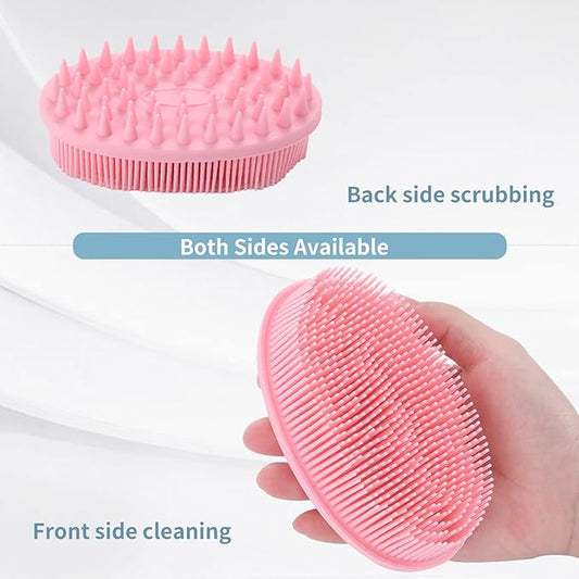 2-in-1 Silicone Body Brush with Detachable Long Handle, Double-Sided Back Scrubber for Bath with Hook, Rich Foam for Deep Cleansing and Exfoliating (Pink/Tip)
