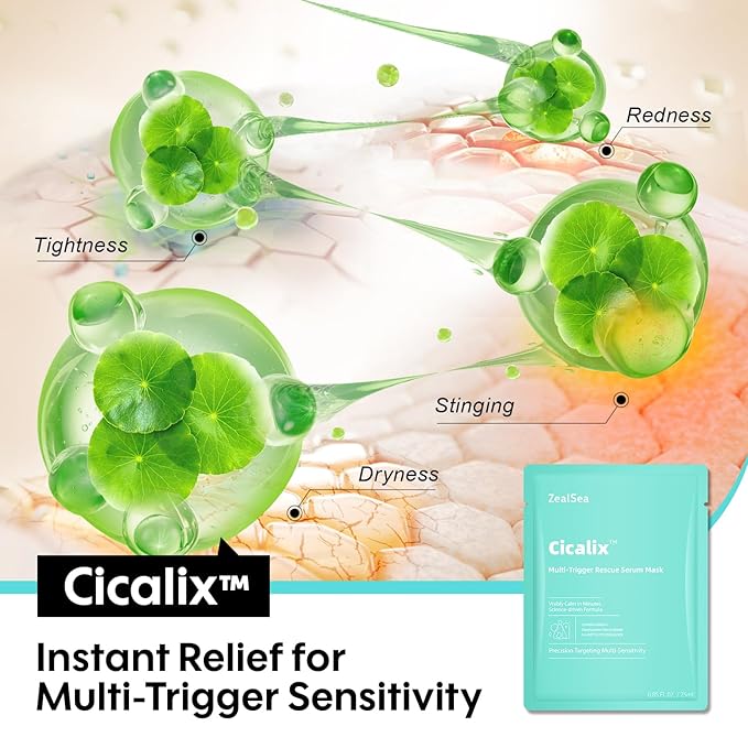 ZealSea Cicalix Face Masks Skincare Set, Derm Solution Sheet Mask for Multi-Trigger Sensitivity, Soothing & Calming, Strengthen & Restore Skin, Facial Mask with Cica & Ceramide, 10 Pack