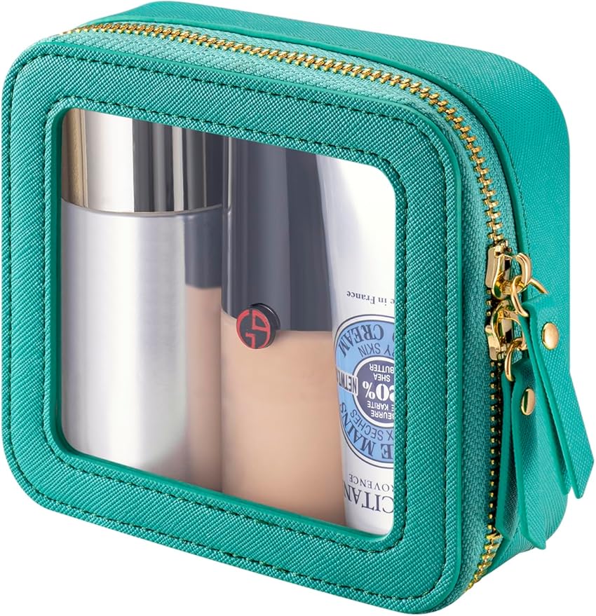 Mini Makeup Bag for Purse - Clear Travel Leather Toiletry Bag with Zipper - Car Organizer Bag - Small Waterproof Cosmetic Organizer Case for On-the-Go Essentials （Lake Green）