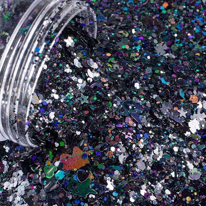 Black Holographic Chunky Glitter Cosmetic Body Hair Face Eye Nail for Festival Carnival Concert Party Beauty Rave Accessories Different Sizes&Shapes 2 Pots 14g/0.5oz+ Quick Dry Primer Glue Gel