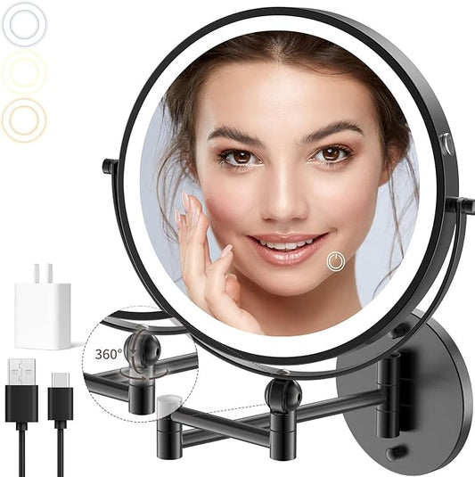 9" Wall Mounted Makeup Mirror with Lights, 4000mAh Rechargeable 1X/10X Wall Mounted Magnifying Mirror for Bathroom, 3 Color Lighting,Touch Screen Dimming,Extended Arm 360 Rotation Wall Mount Mirror B