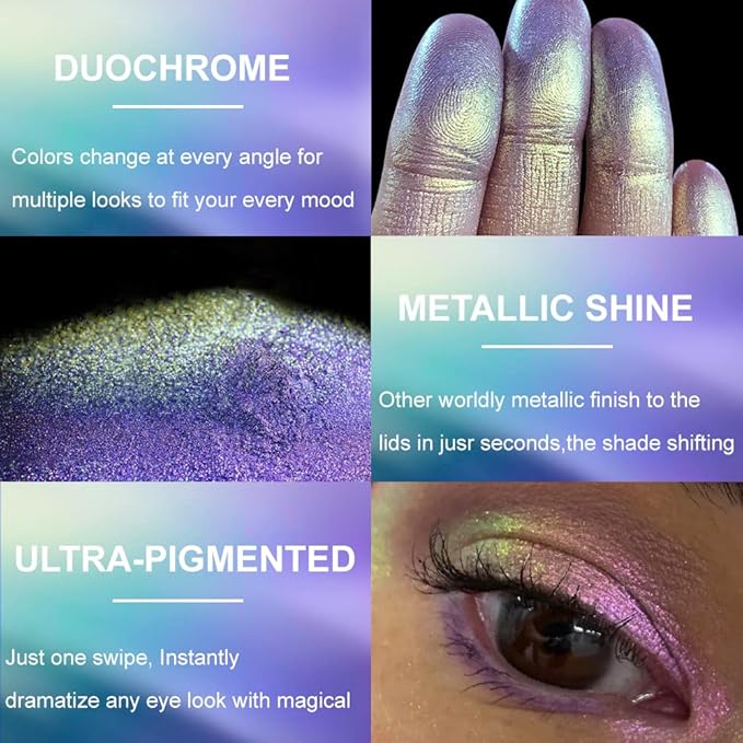 Afflano Purple-Gold Duo Chrome Multichrome Eyeshadow, Holographic Glitter, Color Change Sparkle Chameleon Luminizer Highlighter