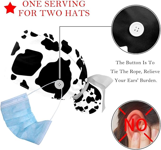 2 PCS Bouffant Cap with Button Ponytail Pouch Working Cap Sweatband Adjustable Surgical Cap Black and White Cow
