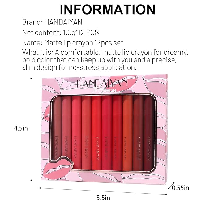12 Colors Matte Lipstick Pen Lip Liner Pencil Set Waterproof Matte Lip Crayon Non-sticky Long-lasting Wear with Built-in Sharpener