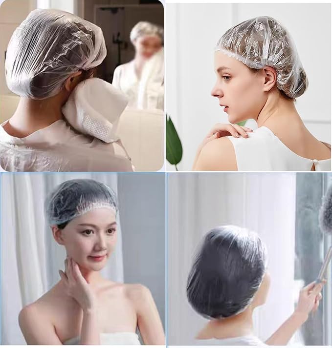 100 PCS Disposable Shower Caps Plastic Clear Hair Cap Elastic Waterproof Hair Bath Caps Thick Shower Cap for Women Hotel Hair Salon Travel Spa Home Use Beauty Salon Accessories Cleaning Supplies 20.5"