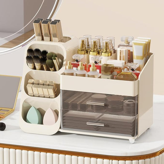 Makeup Organizer with Drawers for Vanity, Make Up Storage Kit, Spacious Cosmetic Display Case, Perfect Storage Solution for Beauty Essentials (Cream)