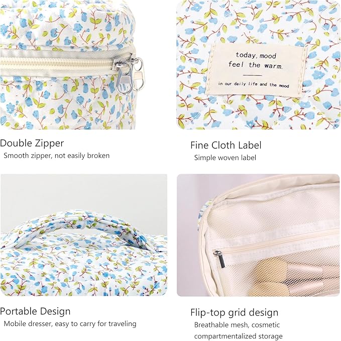 3PCS Makeup Bag Large Cosmetic Pouch Bag with Handle Cute Floral Small Makeup Bag for Purse, Quilted Cotton Skincare Storage Bag Travel Makeup Bag Set for Women, Bridesmaids, Gifts, Fresh Blue
