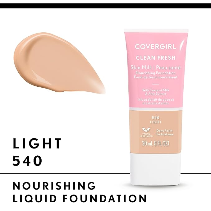 COVERGIRL Clean Fresh Nourishing Skin Tint, 520 Light, Liquid Foundation, Dewy Finish, Infused with Coconut & Aloe, Vegan Formula