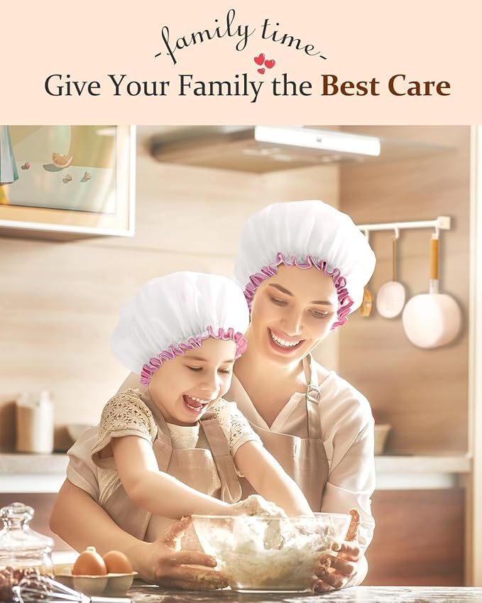 mikimini White Shower Cap Pack of 2 Waterproof Reusable Double Layers Bathing Hair Caps with Soft Comfortable PEVA Lining, Cute, Non-fading & Stretchy Shower Hat Medium White