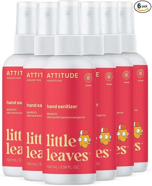 ATTITUDE Hand Sanitizer Spray for Kids & Adults, EWG Verified, Travel Size, Dermatologically Tested, Plant and Mineral Based, Vegan, Mango, 3.5 Fl Oz (Pack of 6) (Spray Bottle)