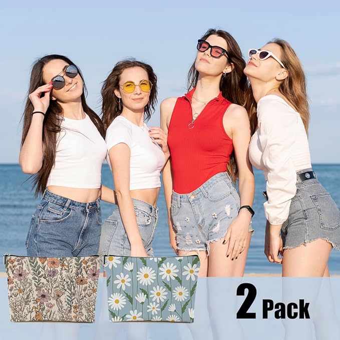 2pcs Vintage Floral Makeup Bag, Daisy Flower Cosmetic Bag Garden Gifts for Women Female Girls Sister BFF Nature Lover, Travel Zipper Pouch Christmas Thanksgiving Birthday Gifts