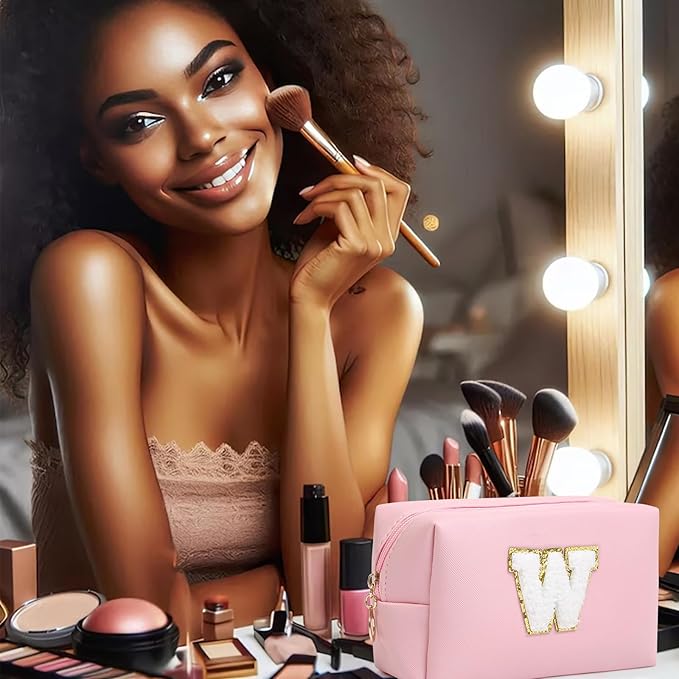 Birthday Gifts for Women Her,Travel Cute Makeup Bag,Large Capacity Cosmetic Bags for Women Makeup Pouch PU Leather Waterproof Cosmetic Bag (W, Pink)