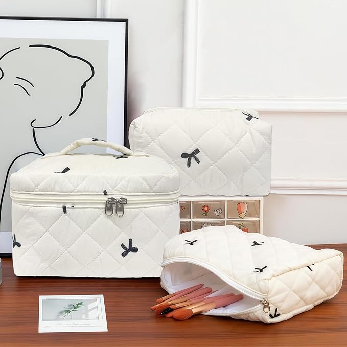 4 Piece Cute Bow Embroidered Quilted Makeup Bag Set, Large Capacity Travel Makeup Bags for Women and Girls, Includes Small, Small-Medium,Medium, and Extra Large aesthetic makeup&Cosmetic Bags