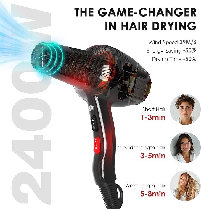 Hair Dryer, Professional Ionic Blow Dryer with Diffuser for Curly Hair,2400W Powerful Fast Drying Hairdryer Blowdryer for Women Men Home Salon Hair Styling,Constant Temp Low Noise