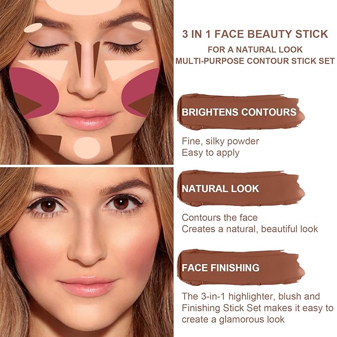 3 Colors Cream Contour Stick, Shades with Highlighter Stick,Blush Stick and Bronzer Contour Stick for Sculpt the Cheeks,Long Lasting,Waterproof,Matte & Dewy Finish for Women (LIGHT FAIR(8+10+12))