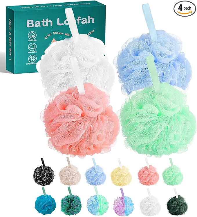 Amazerbst 4 Pack Bath Sponges Mesh Balls Shower Loofahs Wash Back Body Cleaning Scrubber Exfoliator Loofah Sponge Bathing Accessories Women Men