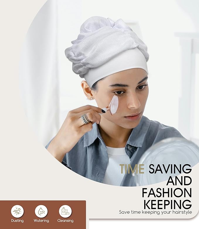 4 Pack Hair Dryer Net plopping Bonnet for Curly Hair, Net Plopping Cap for Drying Curly Hair, Protective Mesh Quick Drying with Adjustable Strap Reusable Washable (White)
