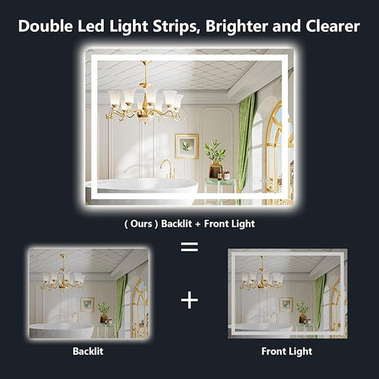 44x36 Inch LED Bathroom Mirror with Lights Front and Backlit Lighted Vanity Mirror for Bathroom Wall with 3 Colors Dimmable Anti-Fog Memory Shatter-Proof IP54 Waterproof Horizontal/Vertical