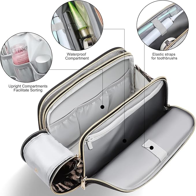 BOOMRICH Large Travel Makeup Bag, Cosmetic Bag, Toiletry Bag for Women, Water-Resistant Leather Toiletry Organizer, Dopp Kit for Toiletries Accessories, Leopard