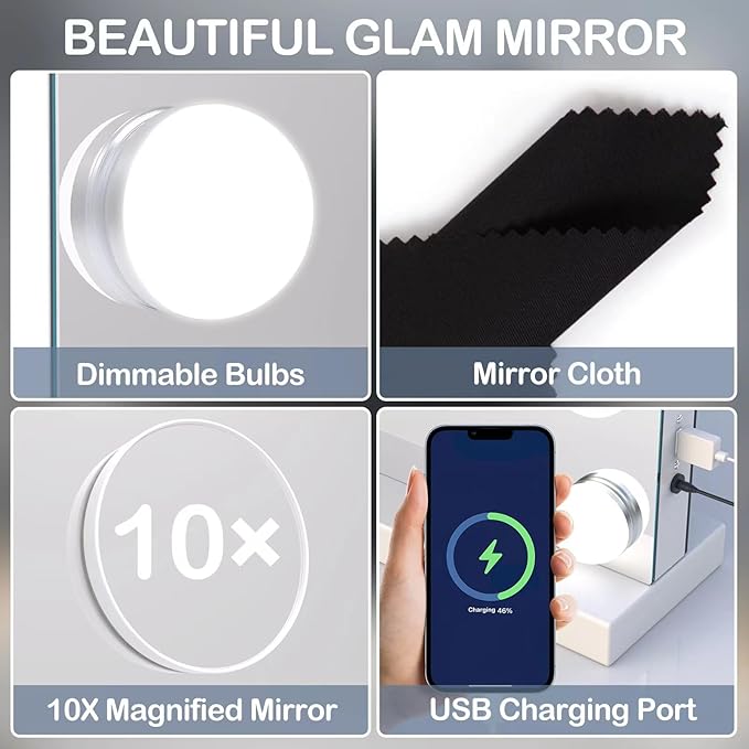 22.8 x 18.2 Vanity Makeup Mirror with Lights, 10X Magnification,Large Hollywood Lighted Vanity Mirror with 15 Dimmable LED Bulbs, USB Charger Port, Tabletop or Wall-Mounted White