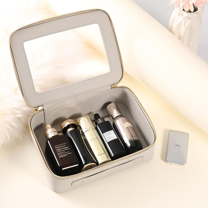 Aveniee Clear Makeup Bag for Women, Large Cosmetic Case Travel Toiletry Bag, Heavy Duty Makeup Organizer with Clear Windows & Gold Zippers(Grey)