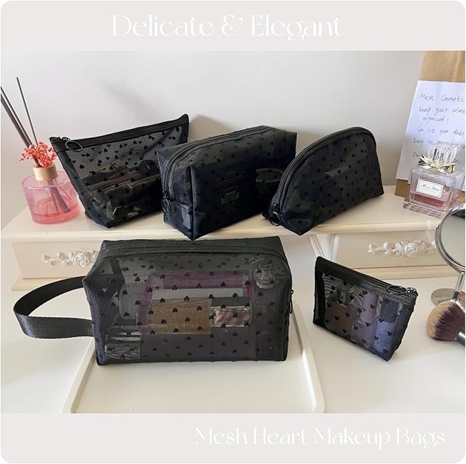 5 Pieces Zipper Mesh Cosmetic Bags Set, Mesh Heart Makeup Bags Toiletry Bags, Portable Travel Makeup Bags for Women, Small Items Storage Organizer Bags for Travelling (Black)