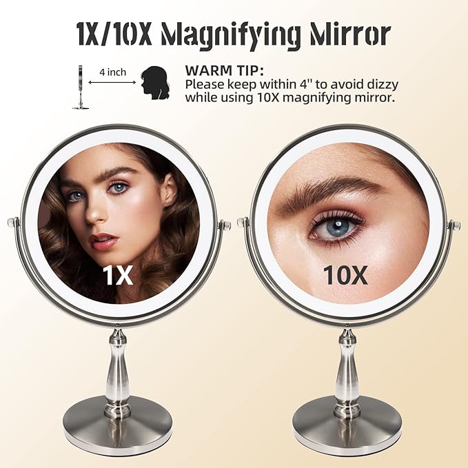 9 "Large Light Makeup Mirror, 1x / 10x True HD Magnifying Mirror, 3-Color Light dimmable, 2 Rechargeable Makeup Mirrors 360° Rotation, Standing Desk Makeup Mirror, Brush Nickel