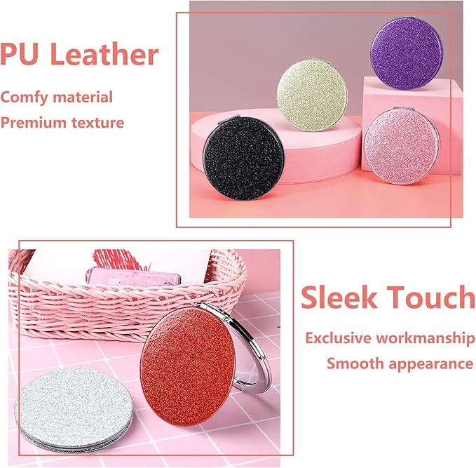 Acedada Pocket Mirror, Compact Mirror, Small Mirror for Purse with Glitter, Portable Travel Makeup Mini Mirror, Folding Handheld 2-Sided 1x/2x Magnifying Compact Mirror for Women Girls - Purple