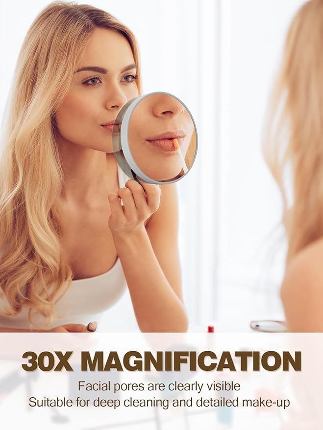 30X Magnifying Mirror with 2 Suction Cups, 3.5 inches Magnified Makeup Mirror and Slant Tweezers,Grey,1PC