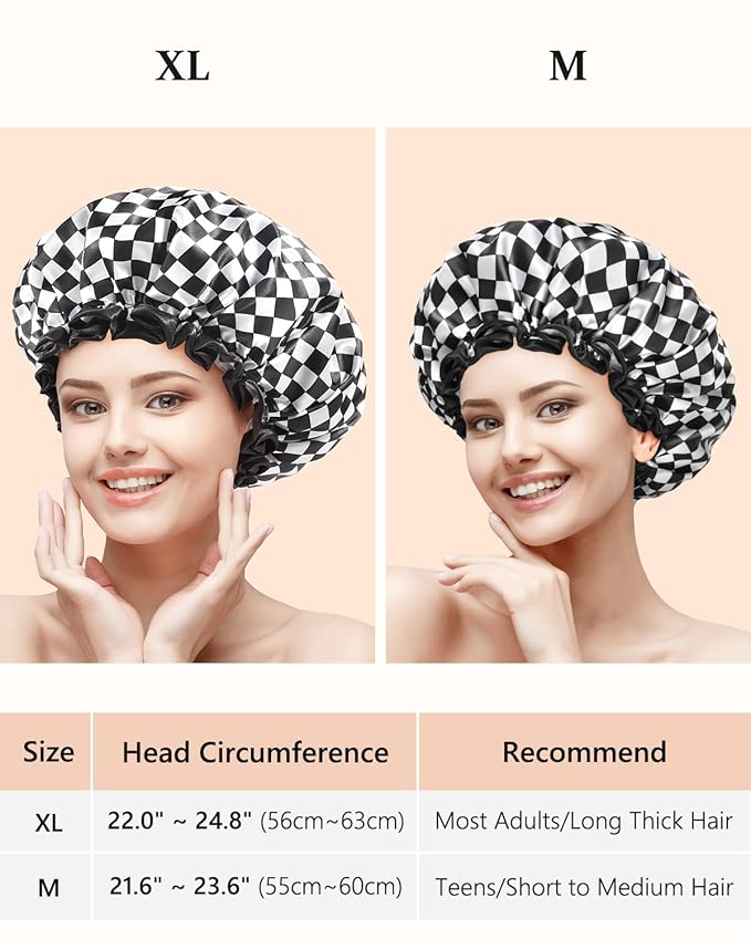 mikimini Large Shower Cap for Women Long Hair, Reusable, Double Layers Waterproof Large Bathing Shower Hat with Soft Comfortable PEVA Lining, Non-Fading, Stretchy & Shower Caps ,Checkerboard (Pack of 1)