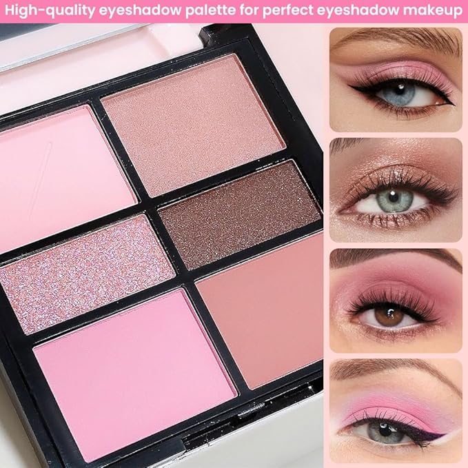 6-Color Pink Champange Brown Matte & Shimmer Eyeshadow Palette with Mirror – Highly Pigmented, Long-Lasting Eye Makeup for Artists & Creative Looks (01#