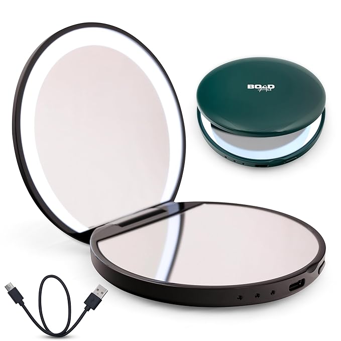 BoldAct Compact Mirror with Light 1X/3X Magnification LED Travel Makeup Mirror with Power Bank Rechargeable, Dimmable Lighted Portable Makeup Mirror for Purse 2 Sided Folding Mirror Green