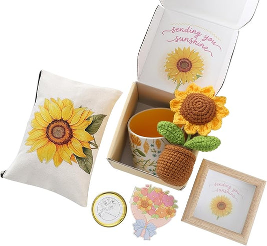 Birthday gifts for women, sunflower gift baskets, care package,sending you sunshine gift box for women with coffee mug and sunflower crochet, unique sunshine themed gift box.