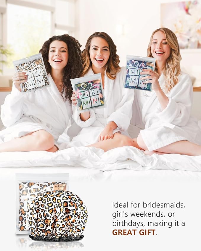 mikimini Large Shower Cap for Women Long Hair, Leopard Stylish Shower Caps with Black Lace, Double-layer Waterproof, Reusable, Washable