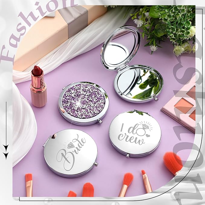 Barydat 10 Pieces Bridesmaid Gifts Set Magnifying Compact Mirror Bride I Do Crew Bridesmaid Proposal Gifts Travel Small Mirror for Purse Makeup Pocket Mirror for Women Wedding Party(Purple)