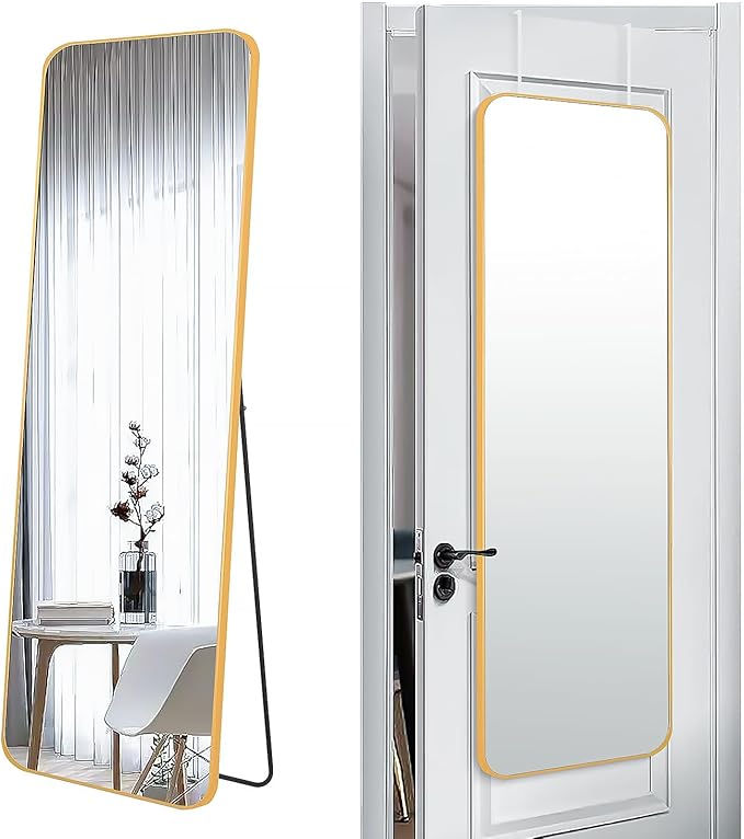 57x20 Door Hanging Full Length Mirror, Floor Stand (Height 5.7ft just Body in1.3ft) Wall Mounted Metal Frame Rectangle Dressing Mirrors for Bedroom Room 57 inch Gold