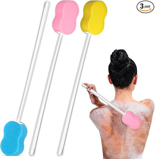 3 Pieces Long Handle Sponge 22.4'' Back Sponge on a Stick Body Brush Handled Washer Scrubber for Foot Body Limited Motion (Pink, Blue, Yellow)
