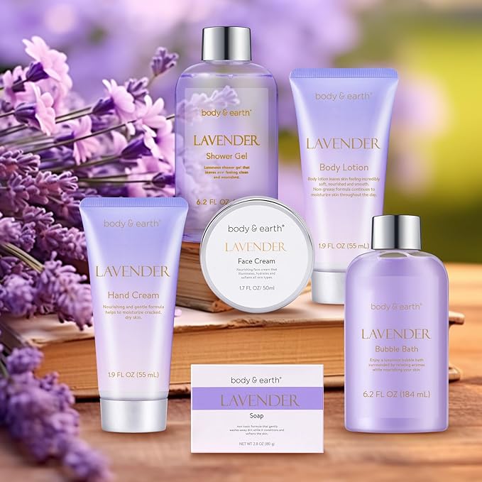 BODY & EARTH Bath and Body Gift Set - Luxurious 6 Pcs Bath Kit for Women, Relaxing Spa Set with Lavender Scent, Perfect Birthday Gift Set for Women Includes Bubble Bath, Shower Gel, Body Lotion