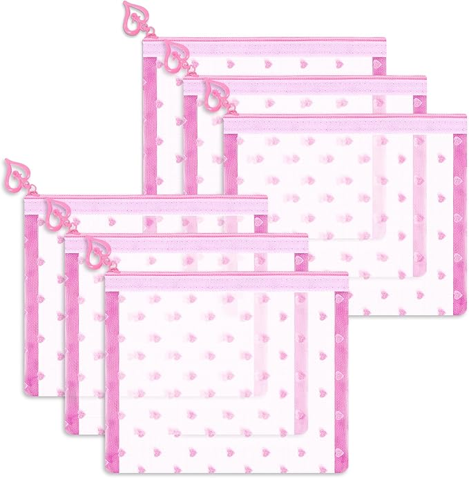 6 Pack Mini Zipper Mesh Makeup Bags, Heart Print Nylon Cosmetic Bags Toiletry Bags for Office Travel Organization (Pink, S)