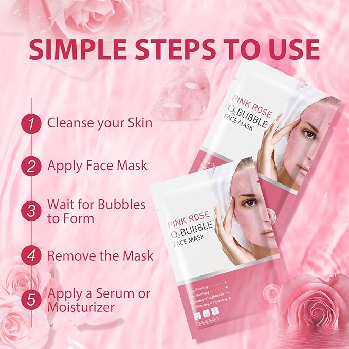 IREV Pack of 10 Pink Rose O2 Bubble Face Masks Skincare - Spa Gifts for Women - Bubble Face Sheet Mask Cleaner Foaming Purifying Facial Mask for Acne and Pores Moisturizing Beauty Sheet Masks
