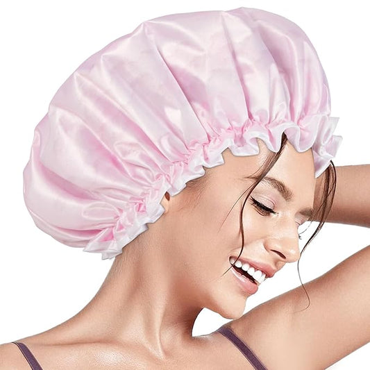 Aquior Shower Caps, Reusable Shower Cap for Women, Double Layer Waterproof Bonnet Hair Cap, Large Size for All Hair Lengths,for Girls Spa Home Salon Use (Pink Cloud)