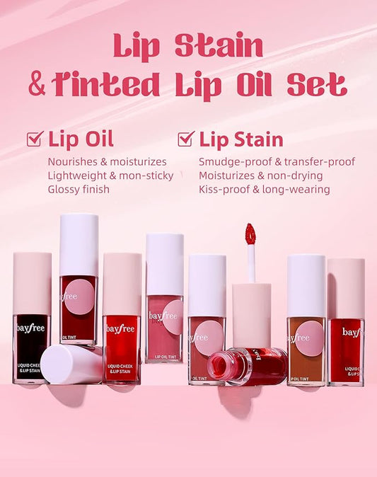 Tinted Lip Oil & Lip Stain Set, Korean Makeup, Smudge-Proof,Long-Wearing, 2-in-1 Cheek and Lip Tint with Moisturizing, High-Shine, Lightweight & Non-Sticky for Dry Lips, Cruelty-Free & Vegan